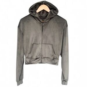 SKIMS Velour Cropped Zip Hoodie in Charcoal Gray – Plush Soft Lounge S